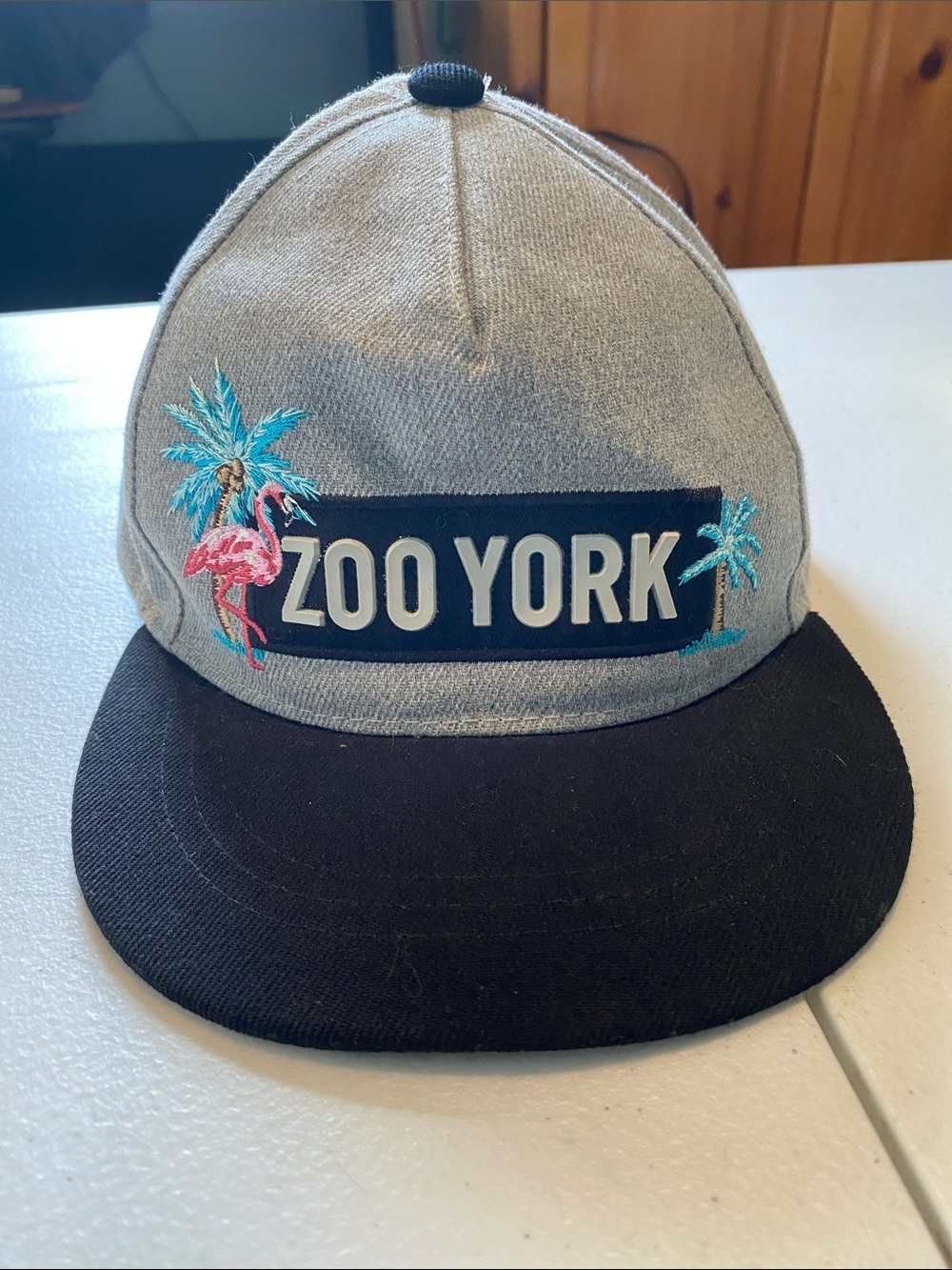 (YOUTH) Zoo York Gray & Black Snapback with Teal Palm and Pink Flamingo Embroide